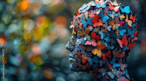 Persons Head Covered in Butterflies