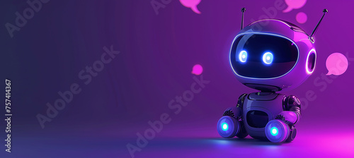 cute robot assistant on background of speech bubble or chat icon, purple background