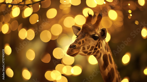 Girafa isolada e ao fundo luzes amarelas - Papel de parede photo