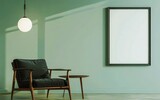 Beautiful chair beside light green wall with empty frame. Home interior design of modern living room with copy space.