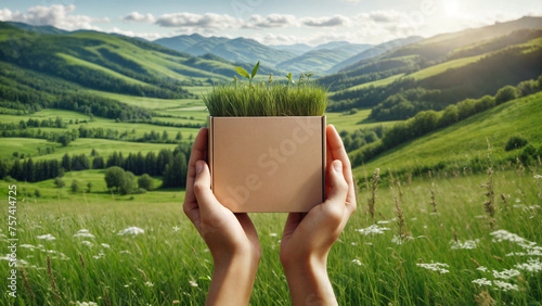 Hands holding a box of lush green grass against a vibrant landscape under a clear sky, symbolizing eco-friendliness and harmony with nature.