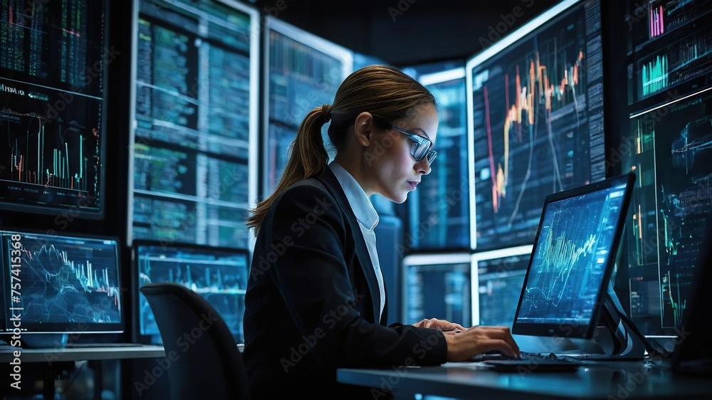 Analytical Mastery: Female Senior Data Scientist Portrait in a Dark Office, Diligently Working Her Laptop in office .	
