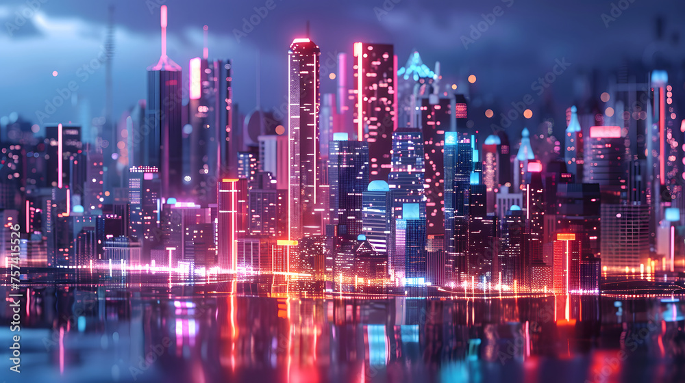3D Rendered Futuristic Cityscape at Night with Glowing Lights