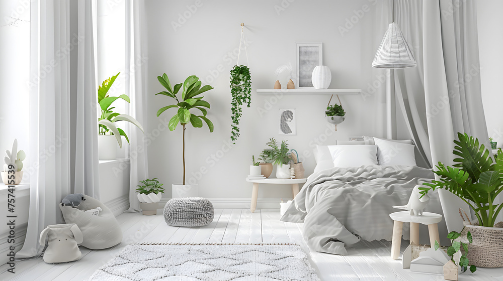 Crisp white decor and a plethora of green plants create a refreshing, minimalist Scandinavian style bedroom - obrazy, fototapety, plakaty 