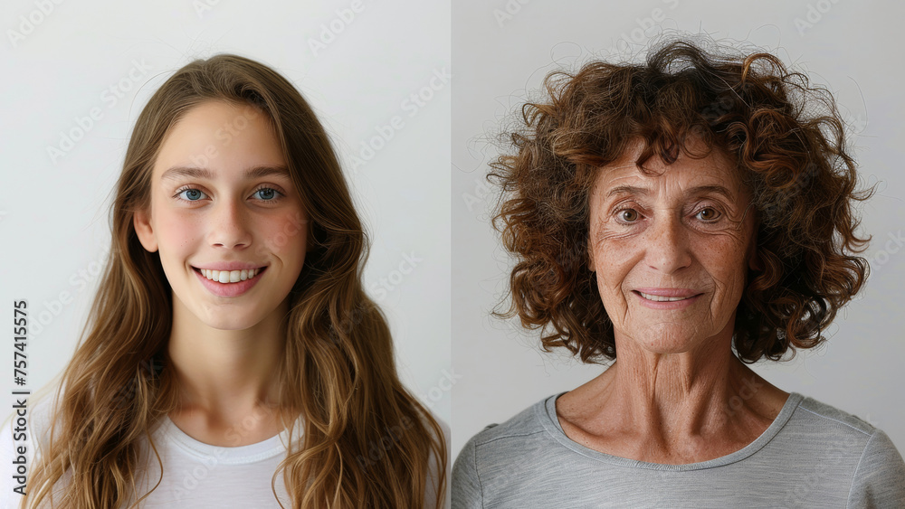 Diptych of two women, contrasting youth and age, beauty through life stages.