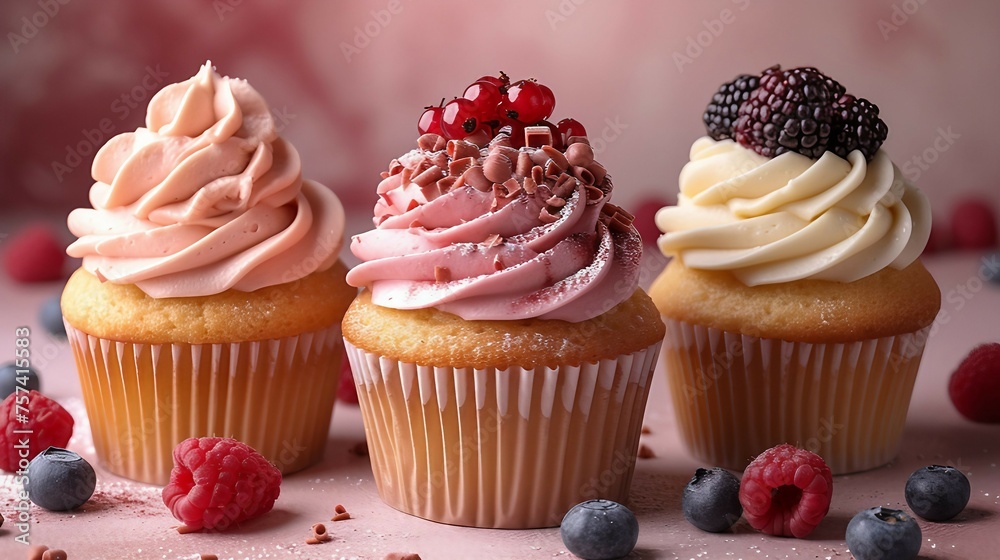 Cupcake trio focusing on the details of frosting and toppings. AI generate illustration