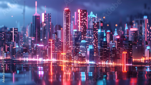 3D Rendered Futuristic Cityscape at Night with Glowing Lights