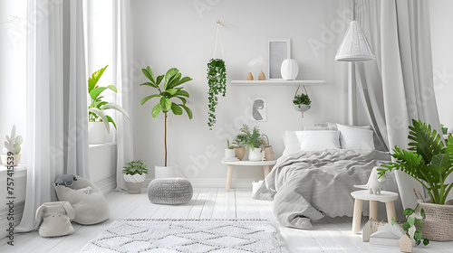 Crisp white decor and a plethora of green plants create a refreshing, minimalist Scandinavian style bedroom