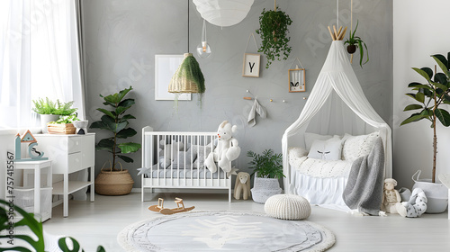 A neutral-toned nursery room that combines modern stylishness with classic baby furnishings