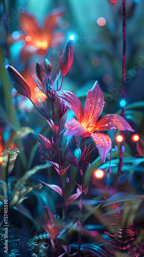 Neon Botanical Scene with Glowing Plants at Dusk