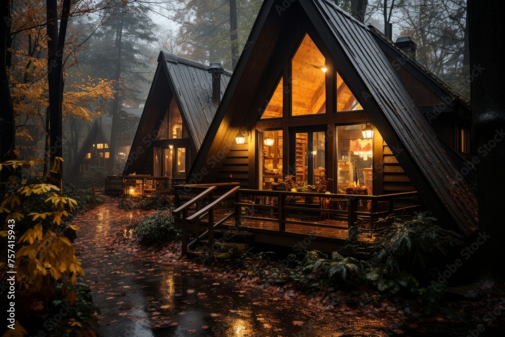 Row of timber cabins nestled in the forest under a starry night sky - obrazy, fototapety, plakaty 