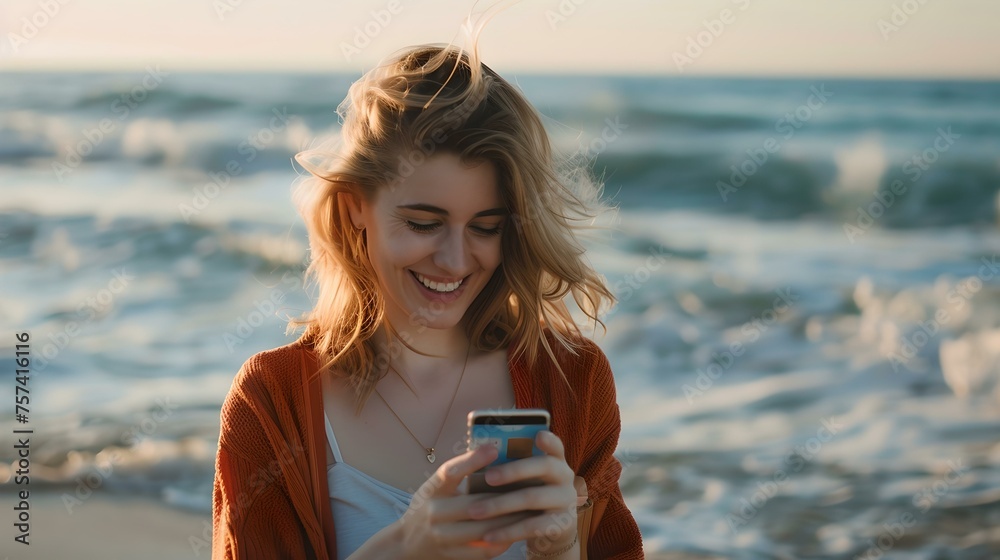 Smiling woman using smartphone on beach at sunset. casual outdoor lifestyle portrait. modern leisure activity with technology by the sea. AI Smiling woman using smartphone on beach at sunset. casual outdoor lifestyle portrait. modern leisure activity with technology by the sea. AI