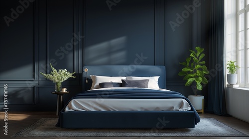 A serene bedroom with a matte midnight-blue bedframe, embodying simplicity and elegance. © James