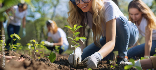 Volunteers plant trees together as part of an environmental campaign photo