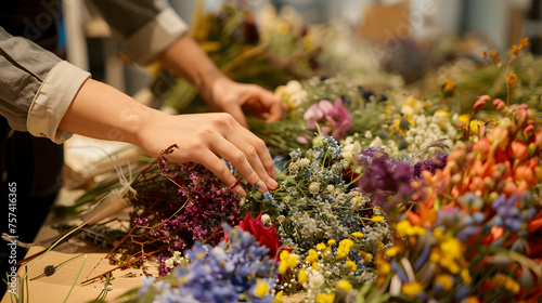 Hands Crafting Bouquets with Colorful Flowers at Workshop