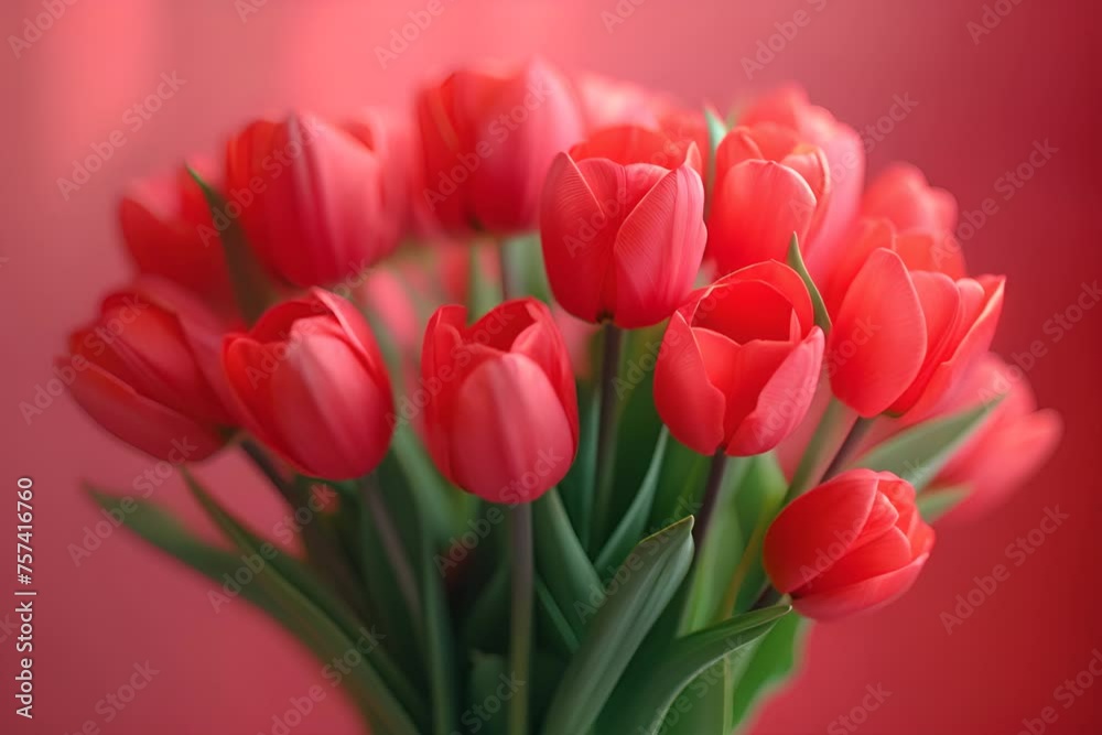 A vibrant bouquet of red tulips against a soft red background, capturing the beauty and freshness of spring. A vibrant bouquet of red tulips against a soft red background, capturing the beauty and freshness of spring.