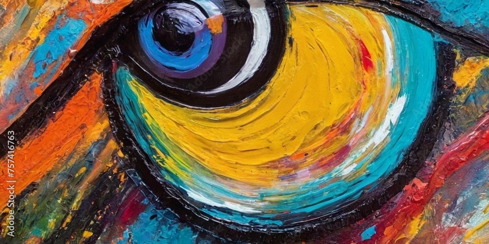 Close up view of the eye of an artist with different colors. - obrazy, fototapety, plakaty 