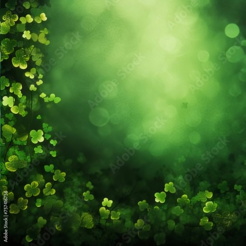 Green background with bokeh effect around green clover leaves, space for your own content. Green four-leaf clover symbol of St. Patrick's Day.