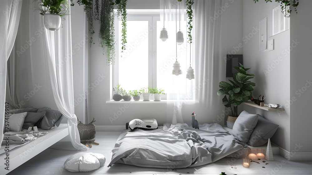 A serene and stylish bedroom featuring an unmade bed, hanging plants, and soft lighting invoking relaxation and simplicity