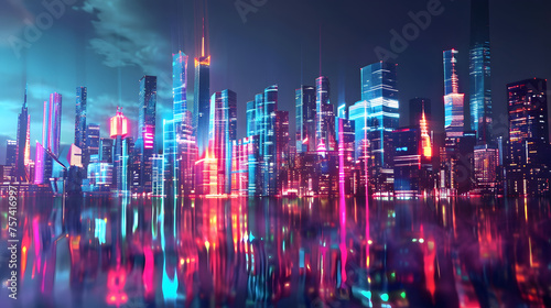 Holographic City Skyline Reflection at Night