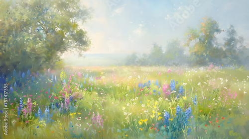 Pastoral Landscape with Lush Wildflowers at Dawn