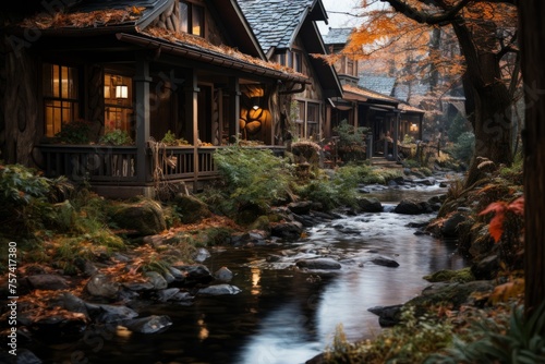 Houses line stream in forest, blending with natural landscape