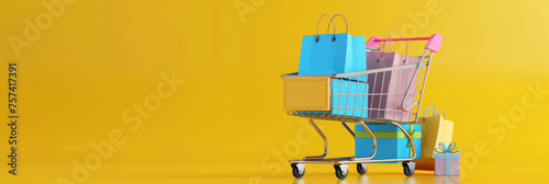 Shopping cart with bags, shopping concept with free space, copy space, yellow background, 3D render.