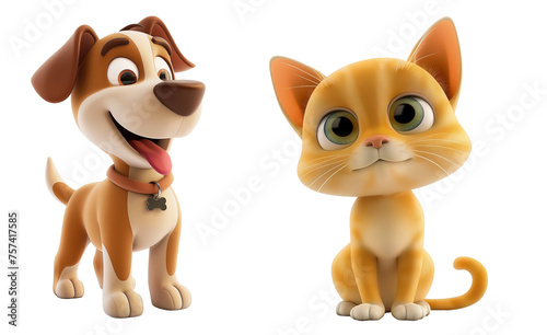 3D rendered orange tabby cat and a golden-brown puppy with a collar  Cute and friendly  both with big expressive eyes