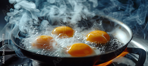 Sizzling eggs on a hot frying pan with smoke