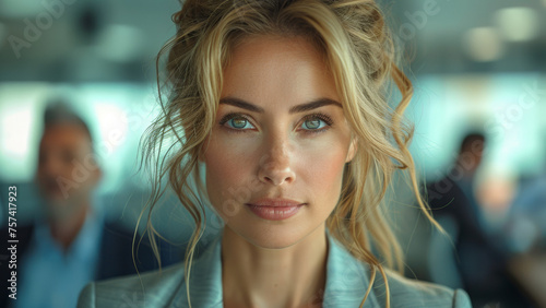 Intense gaze of a woman with striking blue eyes and blonde hair.