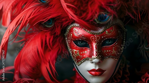 Mysterious red feathered mask at a venetian carnival. elegance and secrecy embodied. festive event costume close-up. AI