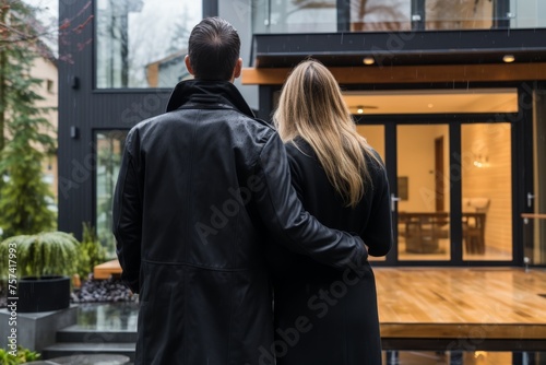 young romantic couple holding hands and looking at their modern house, view from back.