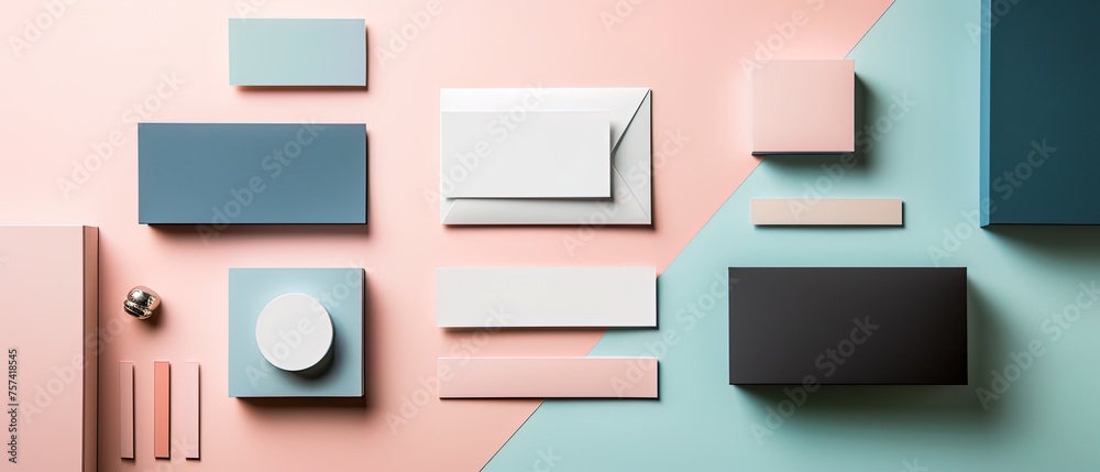 Fototapeta premium The image is a collage of various shapes and colors, including boxes, envelopes