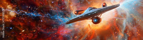 A magnificent starship moves gracefully through a colorful and vibrant cosmic nebula, a vision of space exploration