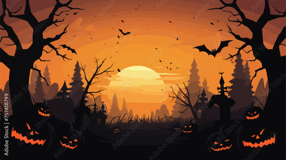 A Halloween background with jackolanterns bats