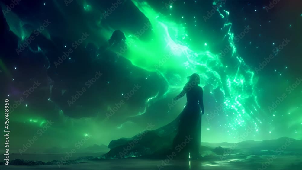 Night Sky Harmony: Ethereal Woman Embracing Northern Lights,generative ai Night Sky Harmony: Ethereal Woman Embracing Northern Lights,generative ai