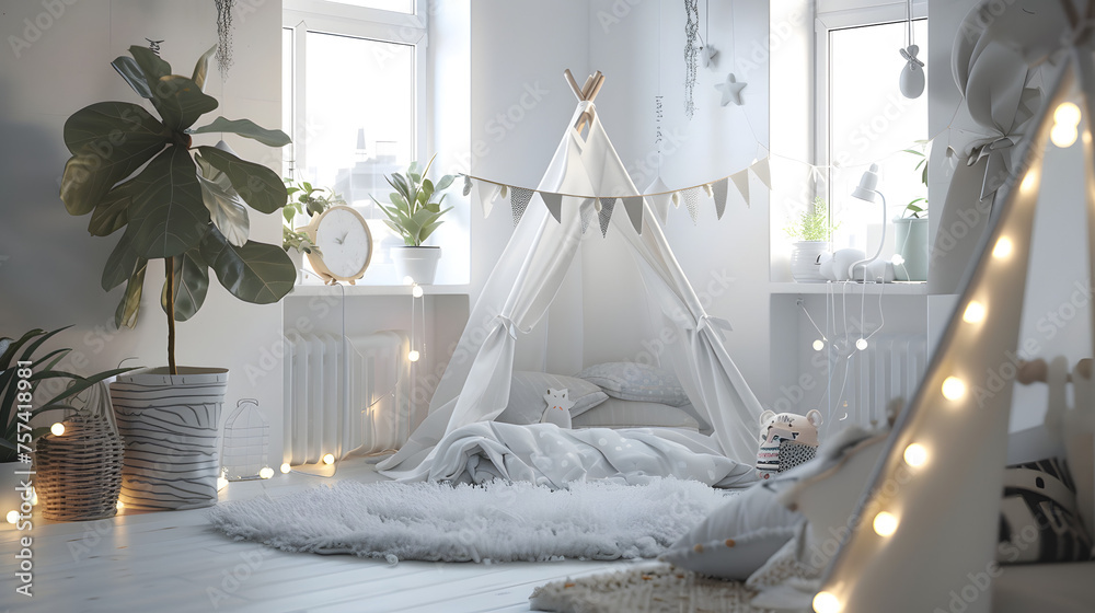 A warm, enchanting children's corner with a teepee, fairy lights, and plush cushions for a magical atmosphere A warm, enchanting children's corner with a teepee, fairy lights, and plush cushions for a magical atmosphere