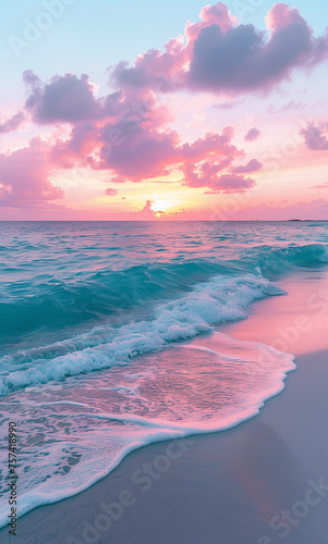 Beautiful beach, sand and turquoise water, soft pastel colors, golden hour, sunset photo