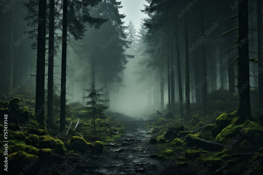 A path cuts through a spooky forest with fog and towering trees - obrazy, fototapety, plakaty 