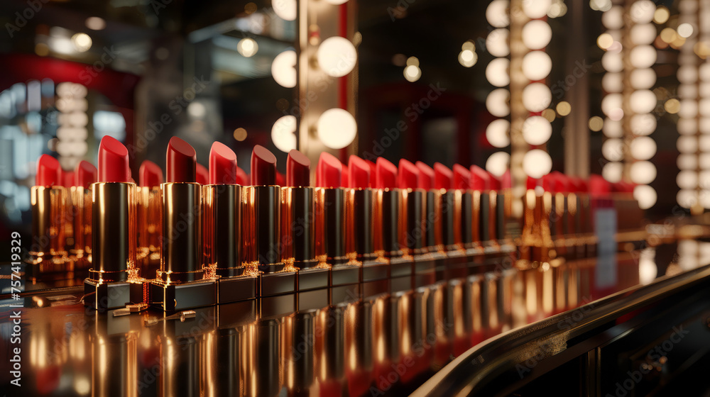 Luxurious red lipsticks neatly lined up on a reflective surface with glowing lights in a bokeh effect behind them Luxurious red lipsticks neatly lined up on a reflective surface with glowing lights in a bokeh effect behind them