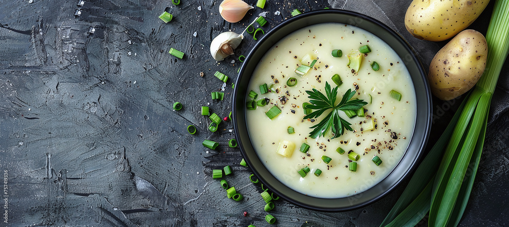 Leek soup, comfort food, creamy potato and leek soup