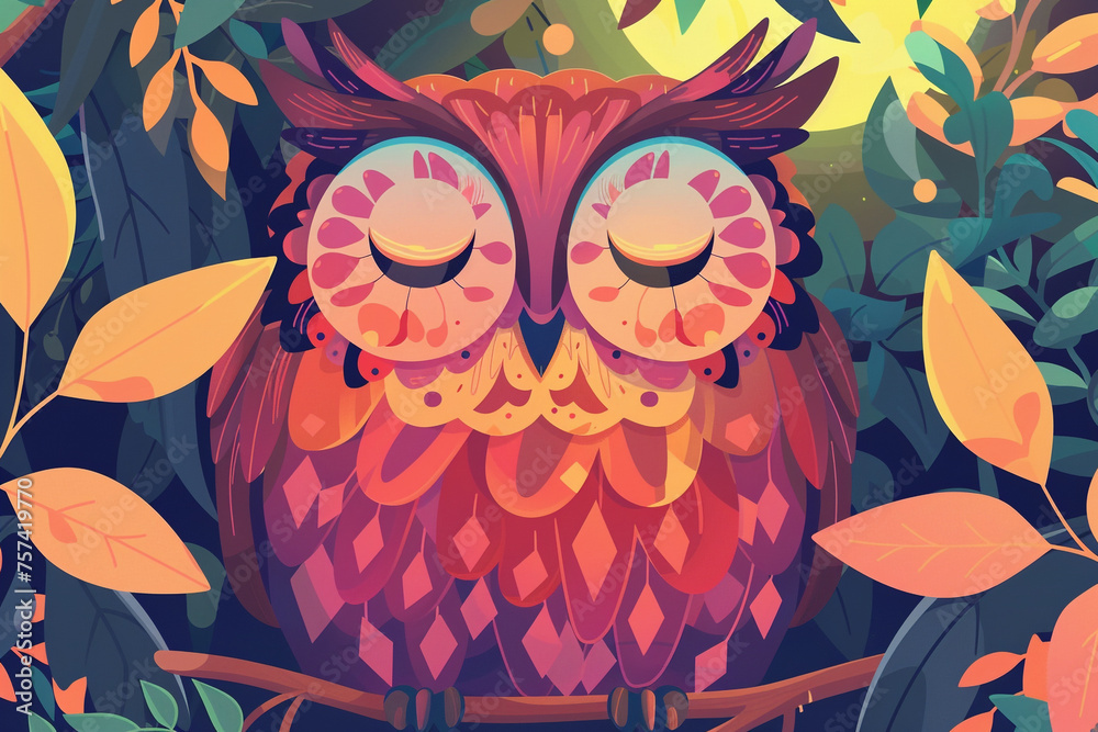 Naklejka premium Illustration of an owl sleeping on a tree branch. Vibrant color image with cheerful mood.