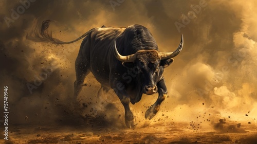 Bull running in the dust. Dramatic scene