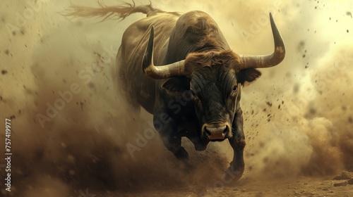 Bull running through the dust in a bullfight photo