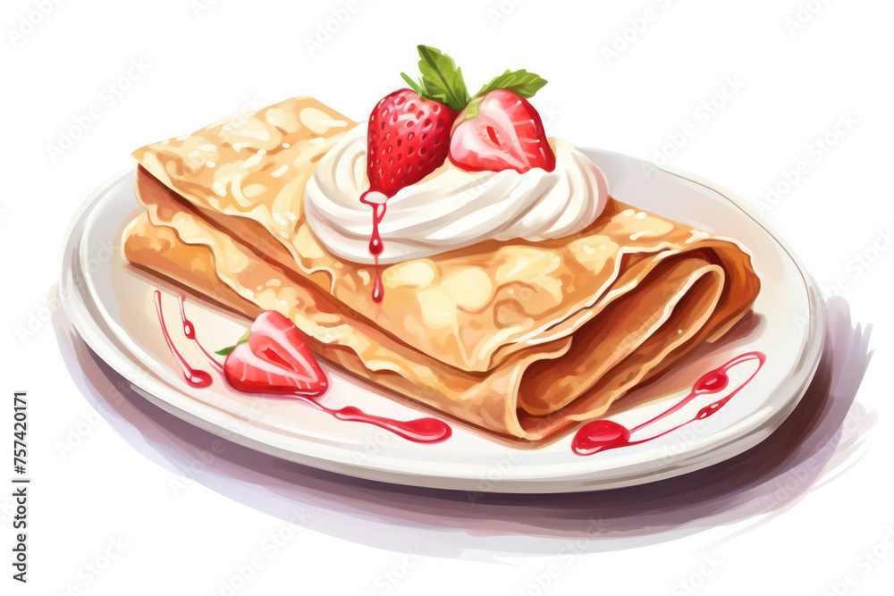Delicious Pancake Stack with Fresh Fruit and Maple Syrup over a Wooden Plate. Delicious Pancake Stack with Fresh Fruit and Maple Syrup over a Wooden Plate.