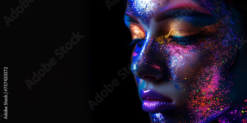 Fashion model woman in neon light  portrait of beautiful model girl with fluorescent makeup  Body art design in UV  painted face  colorful make up  over black background 