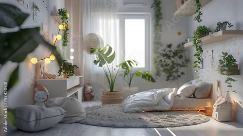 A modern and inviting bedroom featuring a cozy bed, a variety of potted plants, and a playful toy on a shelf © Reiskuchen