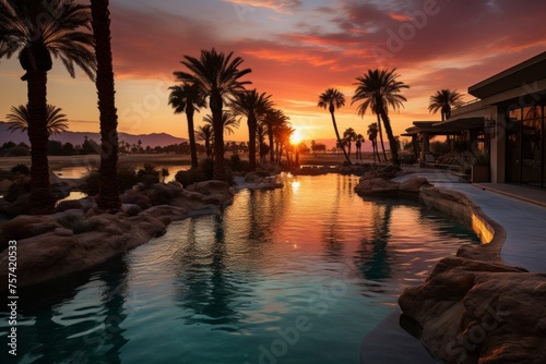 Large pool with palm trees, water reflecting sunset sky and clouds