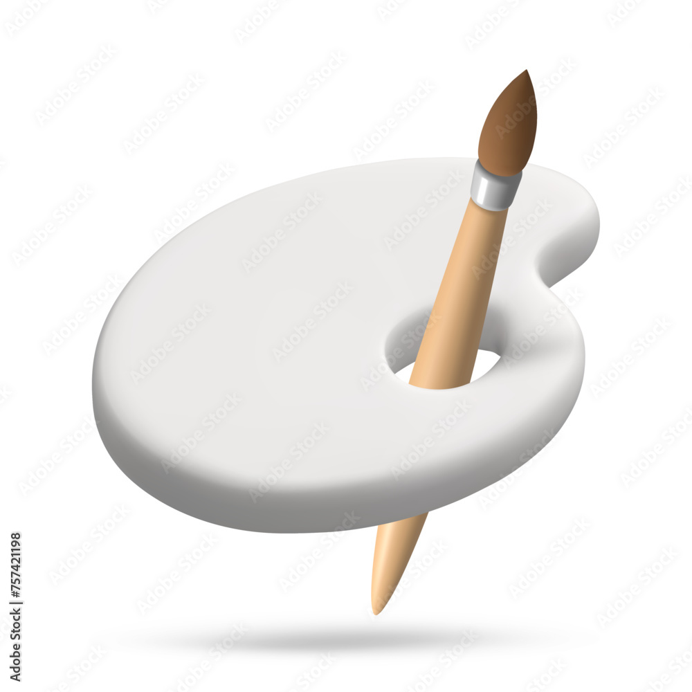 White palette with brash 3d icon. Creative tools for drawing, painting. Main tool of creative person. Realistic isolated vector illustration for card, party, design, flyer, web, advertising White palette with brash 3d icon. Creative tools for drawing, painting. Main tool of creative person. Realistic isolated vector illustration for card, party, design, flyer, web, advertising