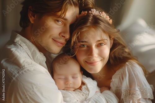 father and mother holding newborn baby, cherish and joyful smile, happy moment family portrait, Generative Ai